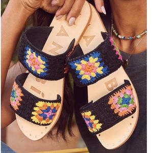 Manebi Cotton Crochet Two Strap Flat Leather Sandals - NWOB - Size 37